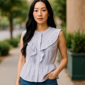 LIZ CLAIBORNE Denim Blue Pinstripe Ruffle Front Sleeveless Blouse ~ Womens LARGE